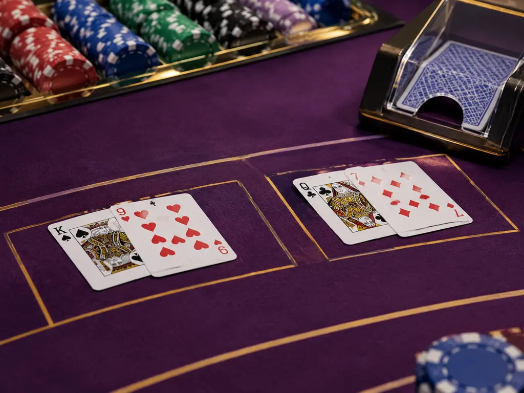 Dua tangan kartu terpisah dan sepatu kartu di meja baccarat