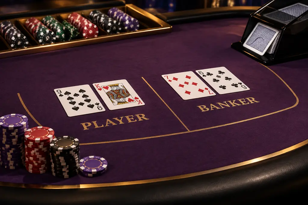 Dua kelompok kartu, sepatu kartu, dan keping di meja baccarat