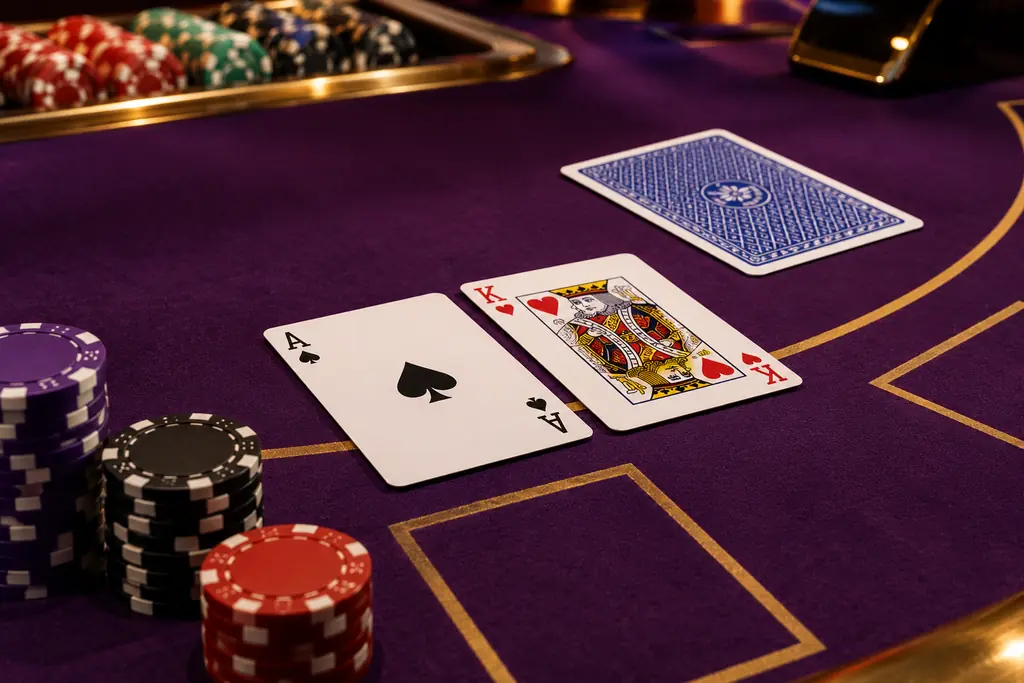 Kartu terbuka, kartu tertutup, dan keping pada meja blackjack
