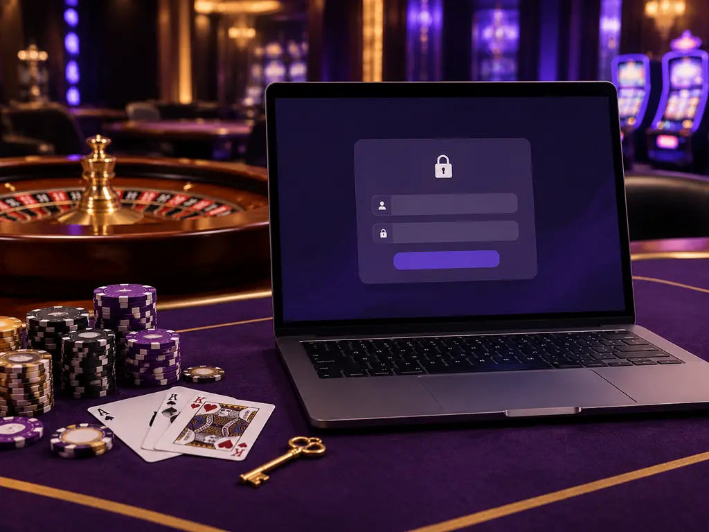 Laptop dengan panel masuk sederhana, kunci, kartu, dan keping