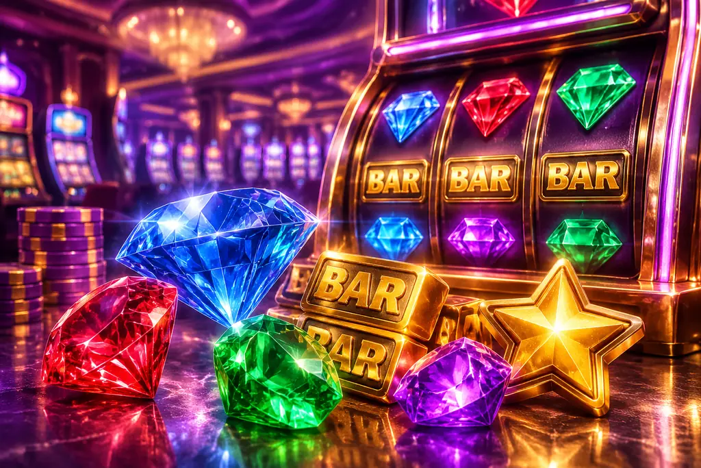 Permata warna-warni dan keping bintang di dekat mesin slot kasino