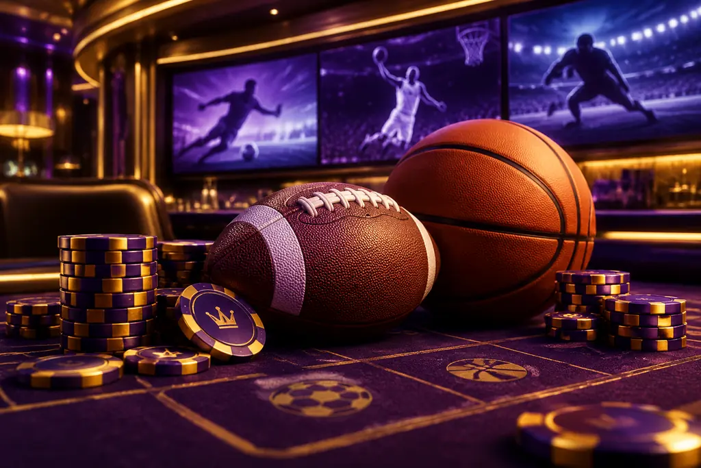 Bola sepak dan bola basket di meja bertema sportsbook dengan keping